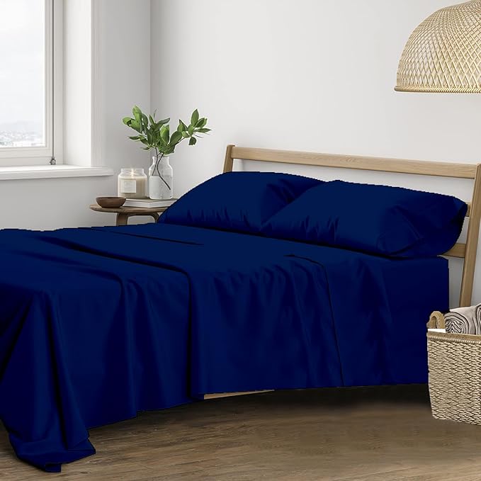 400TC Cotton Plain Flat Bed Sheet with Pillow Covers Navy Blue