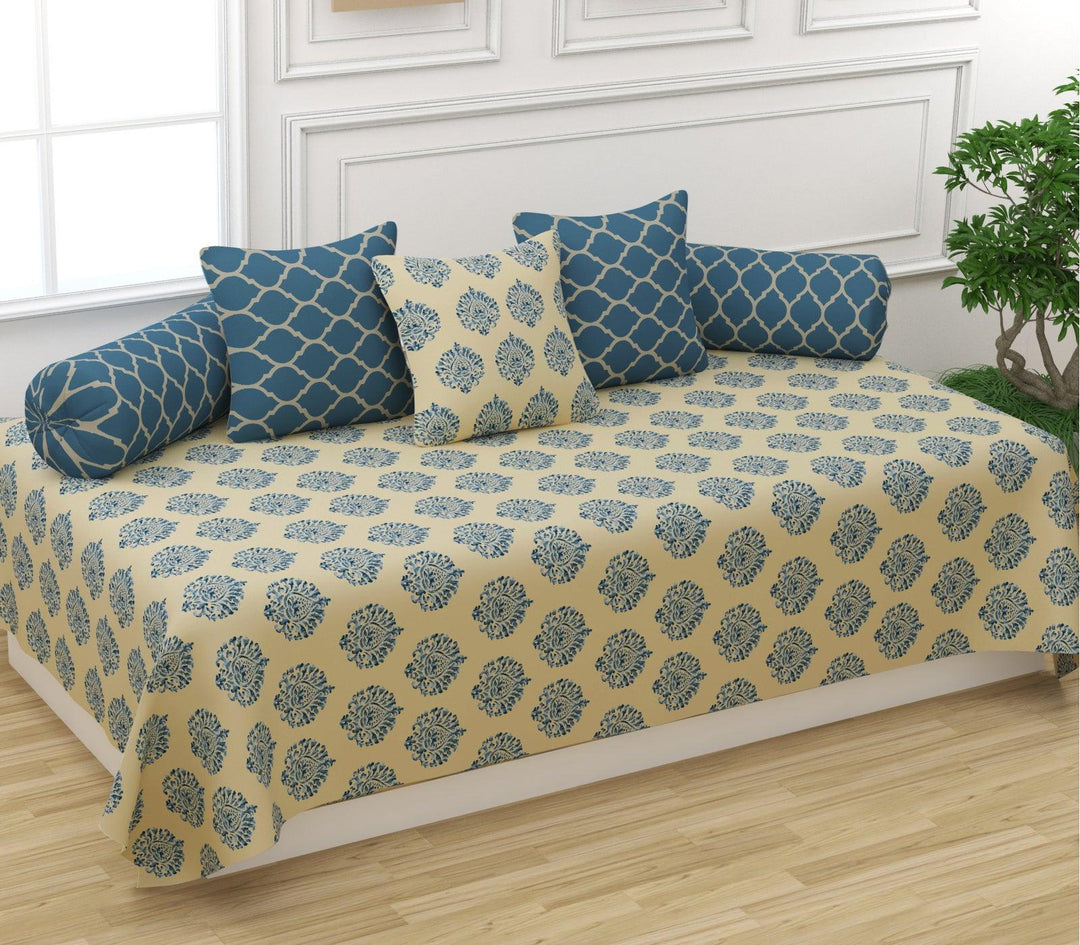 Cotton Printed 6 Pcs Diwan Set (Damask 100% Cotton & 200 TC) - Trance Home Linen