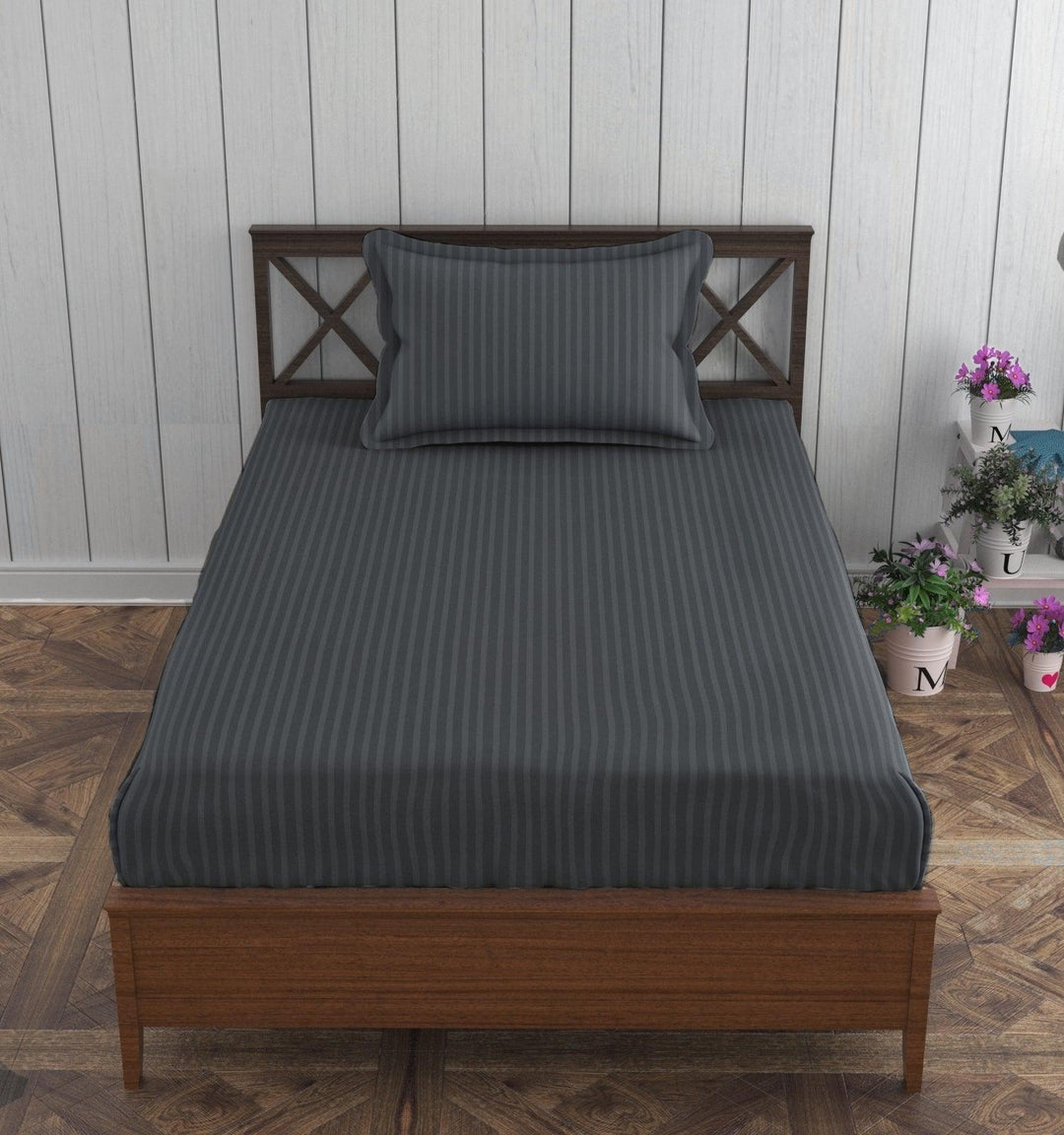 Cotton Single Bed Sizes Fitted Bedsheet with 1 Pillow Cover (100% Cotton & 200 TC) - Trance Home Linen