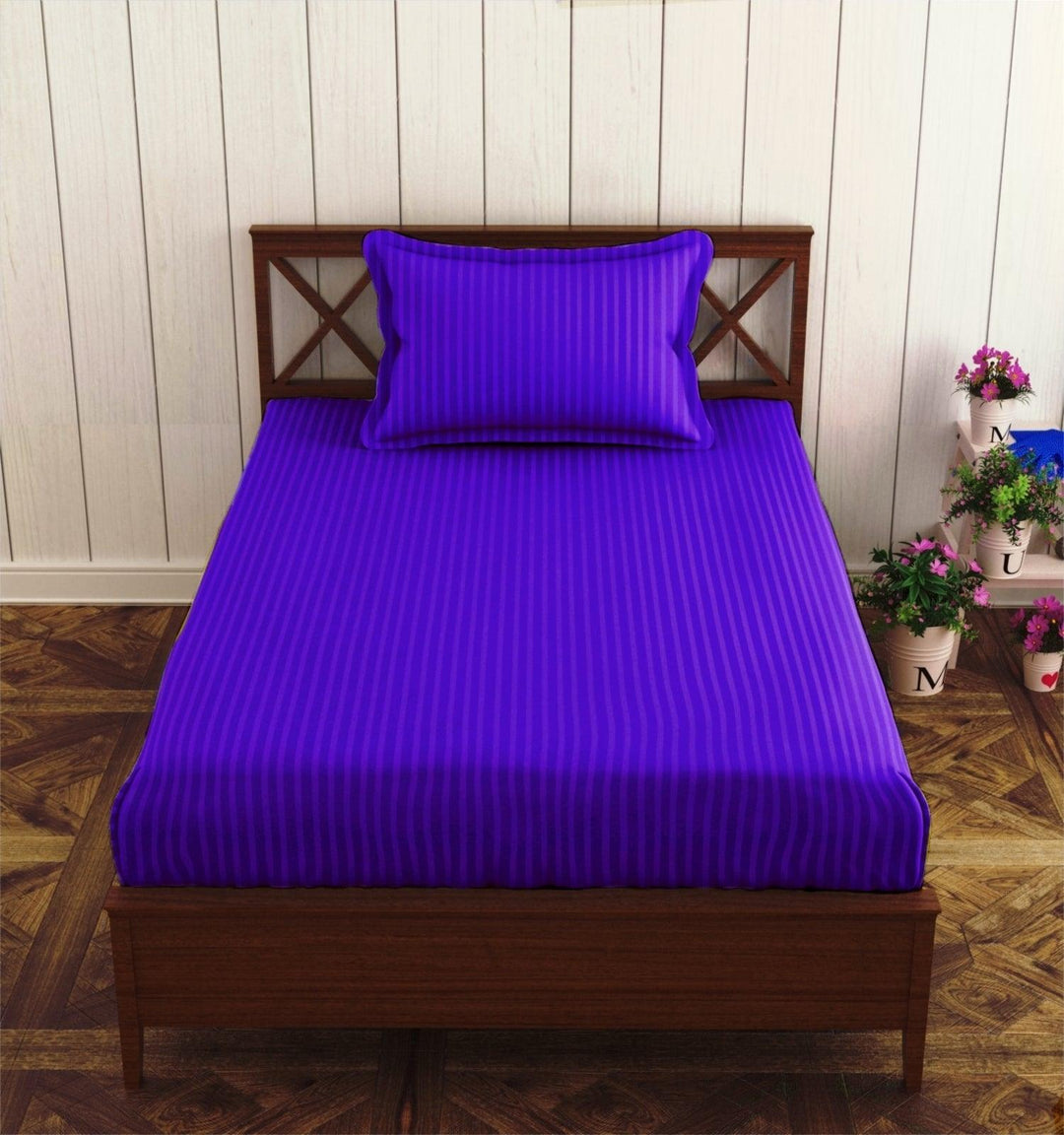 Cotton Single Bed Sizes Fitted Bedsheet with 1 Pillow Cover (100% Cotton & 200 TC) - Trance Home Linen
