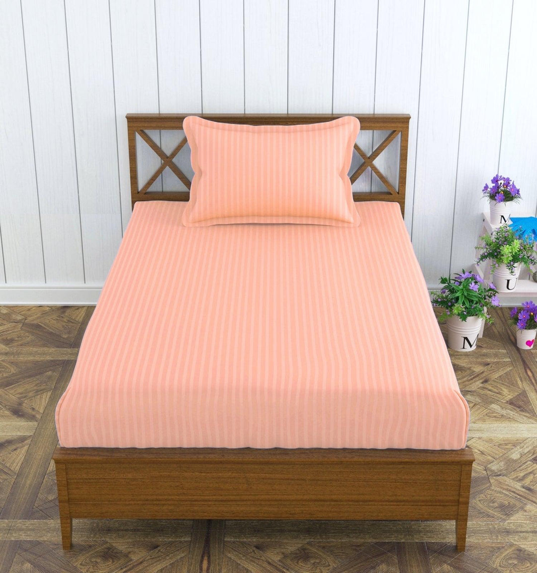 Cotton Single Bed Sizes Fitted Bedsheet with 1 Pillow Cover (100% Cotton & 200 TC) - Trance Home Linen