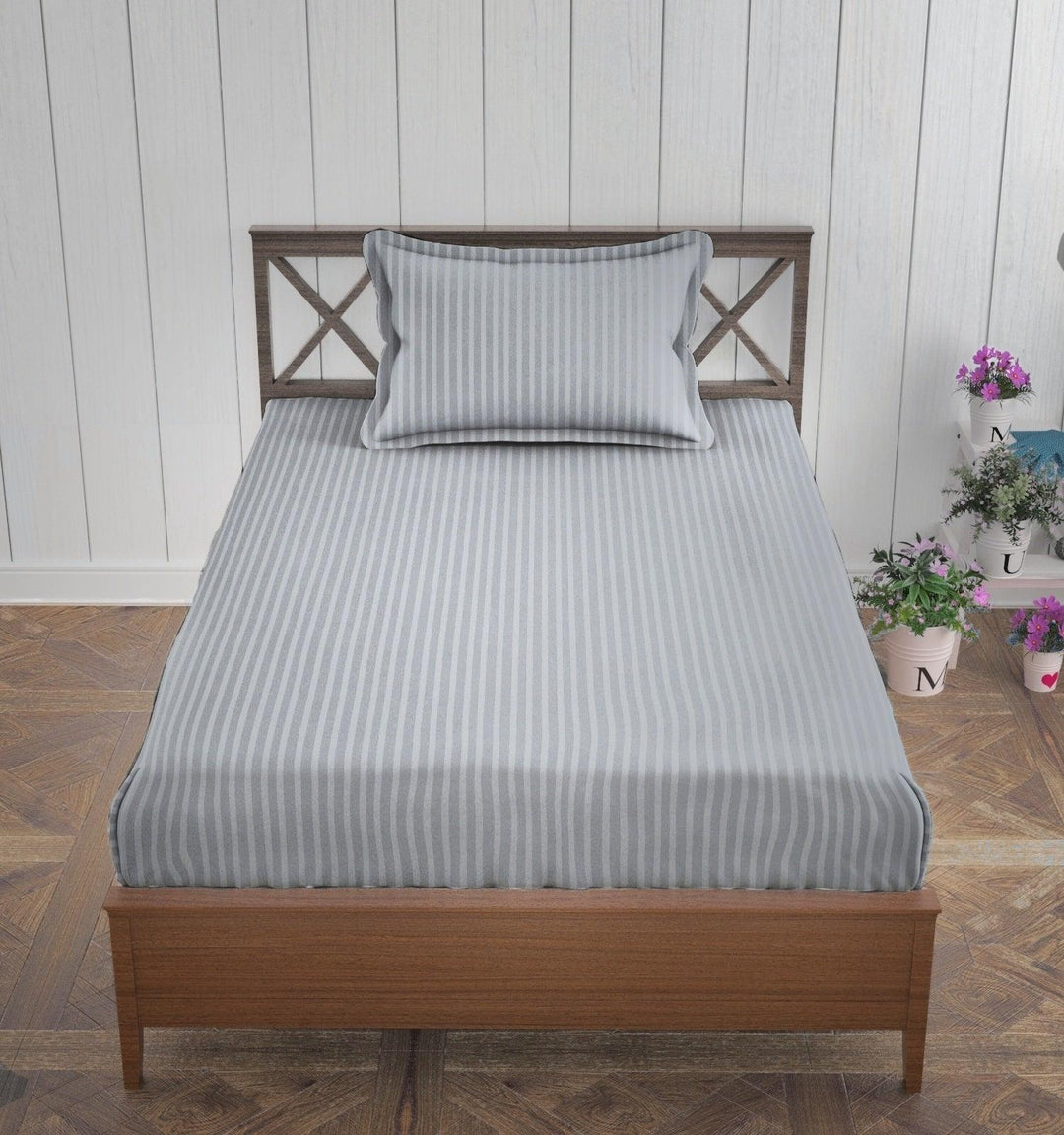 Cotton Single Bed Sizes Fitted Bedsheet with 1 Pillow Cover (100% Cotton & 200 TC) - Trance Home Linen