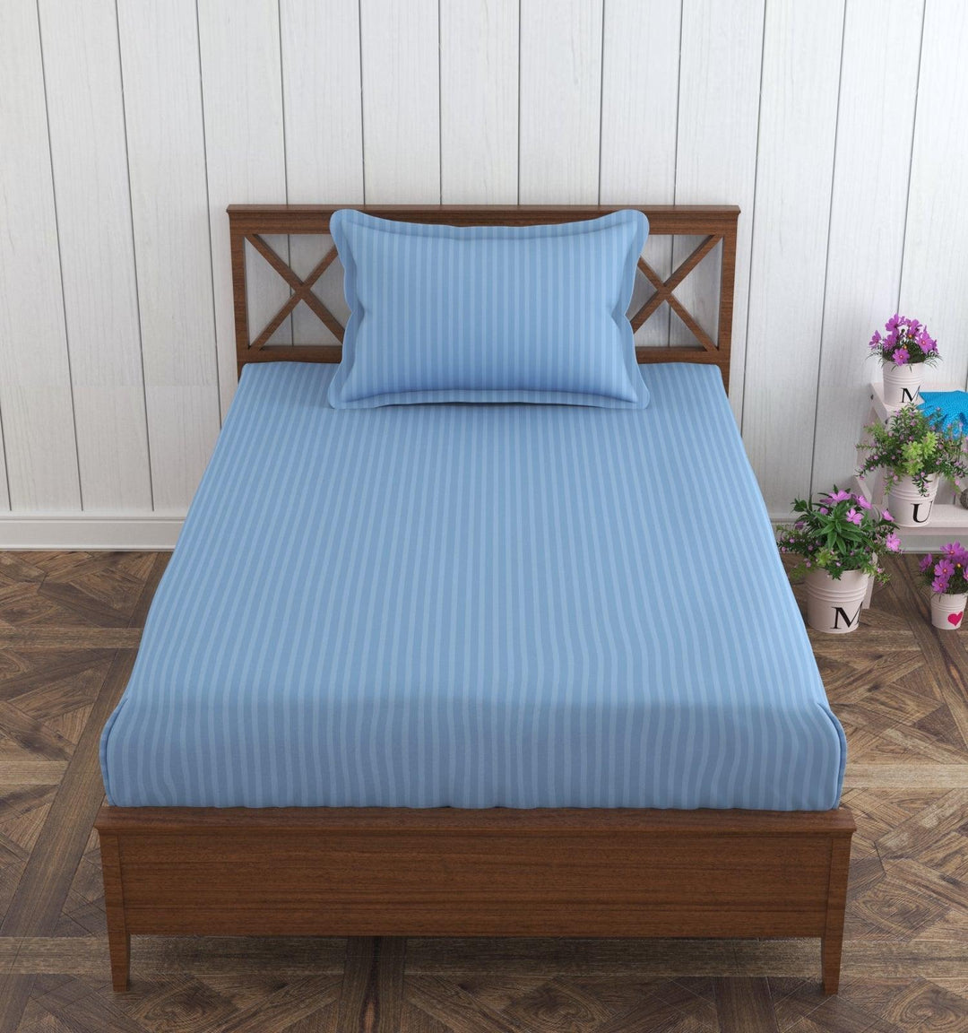 Cotton Single Bed Sizes Fitted Bedsheet with 1 Pillow Cover (100% Cotton & 200 TC) - Trance Home Linen