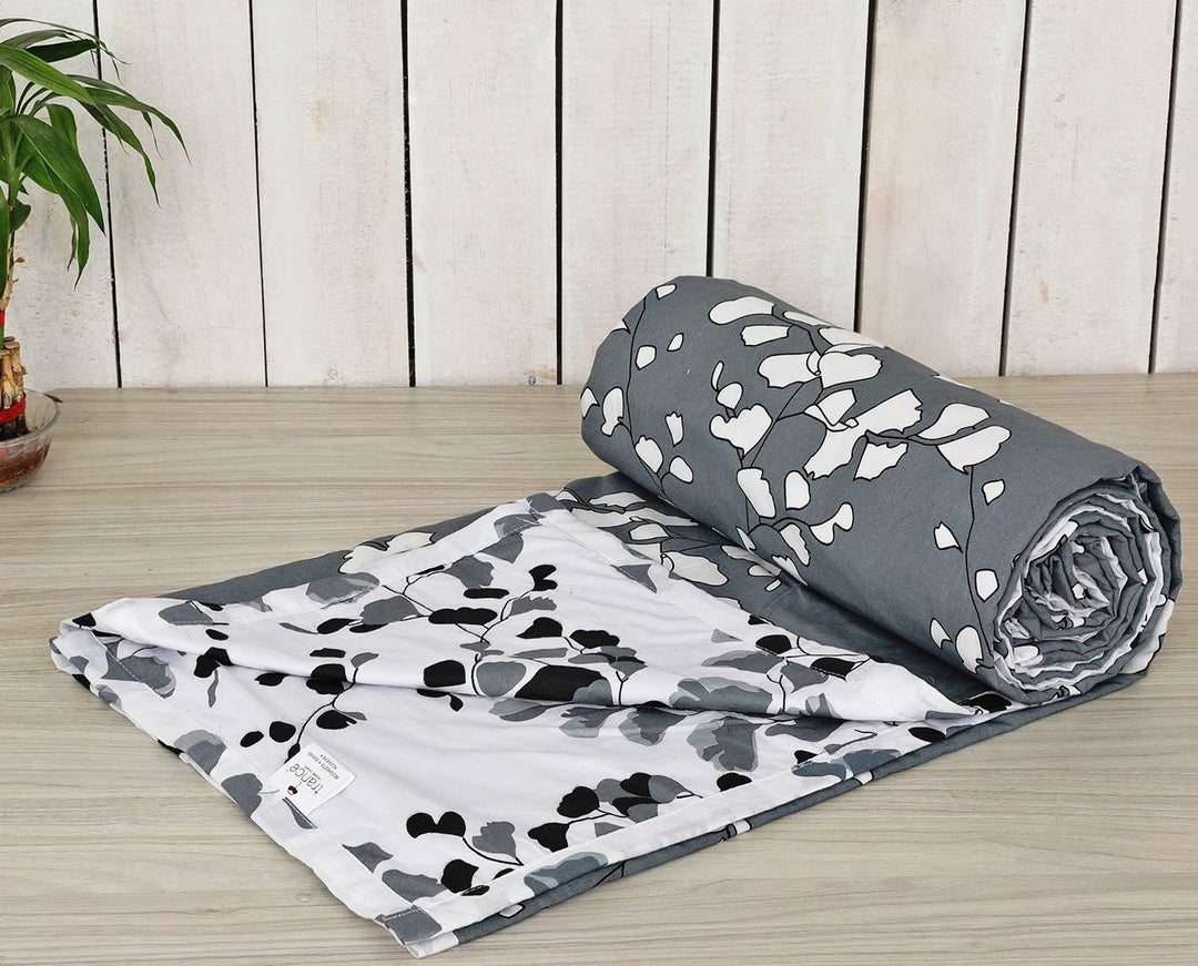 Cotton Single Dohar (LEAVES Grey White) - Trance Home Linen