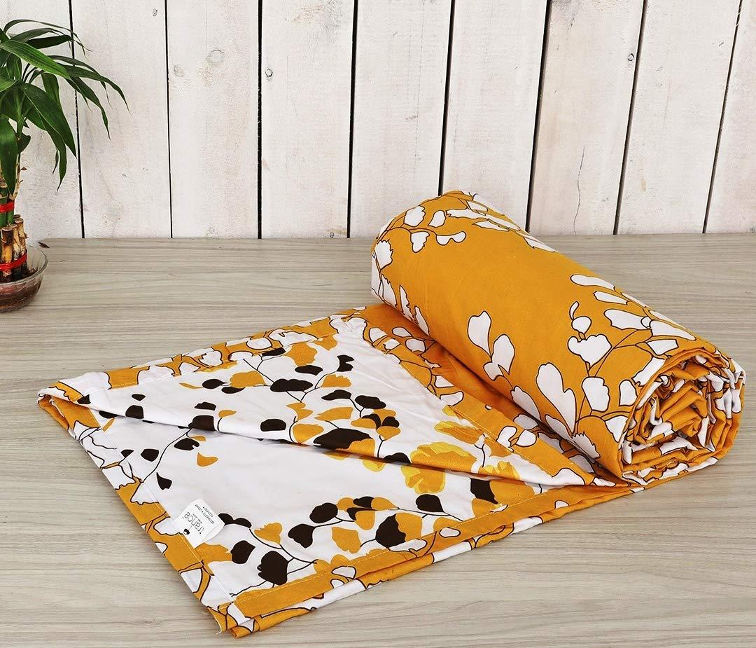 Cotton Single Dohar (LEAVES Mustard White) - Trance Home Linen