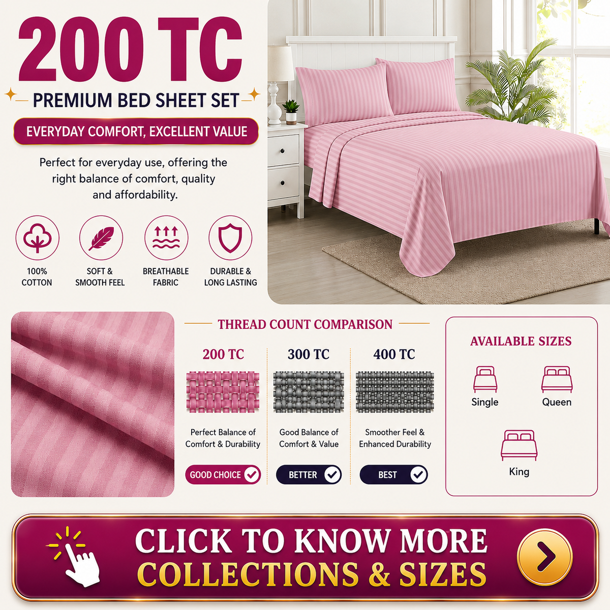 200 TC Solid / Plain Flat Bedsheets