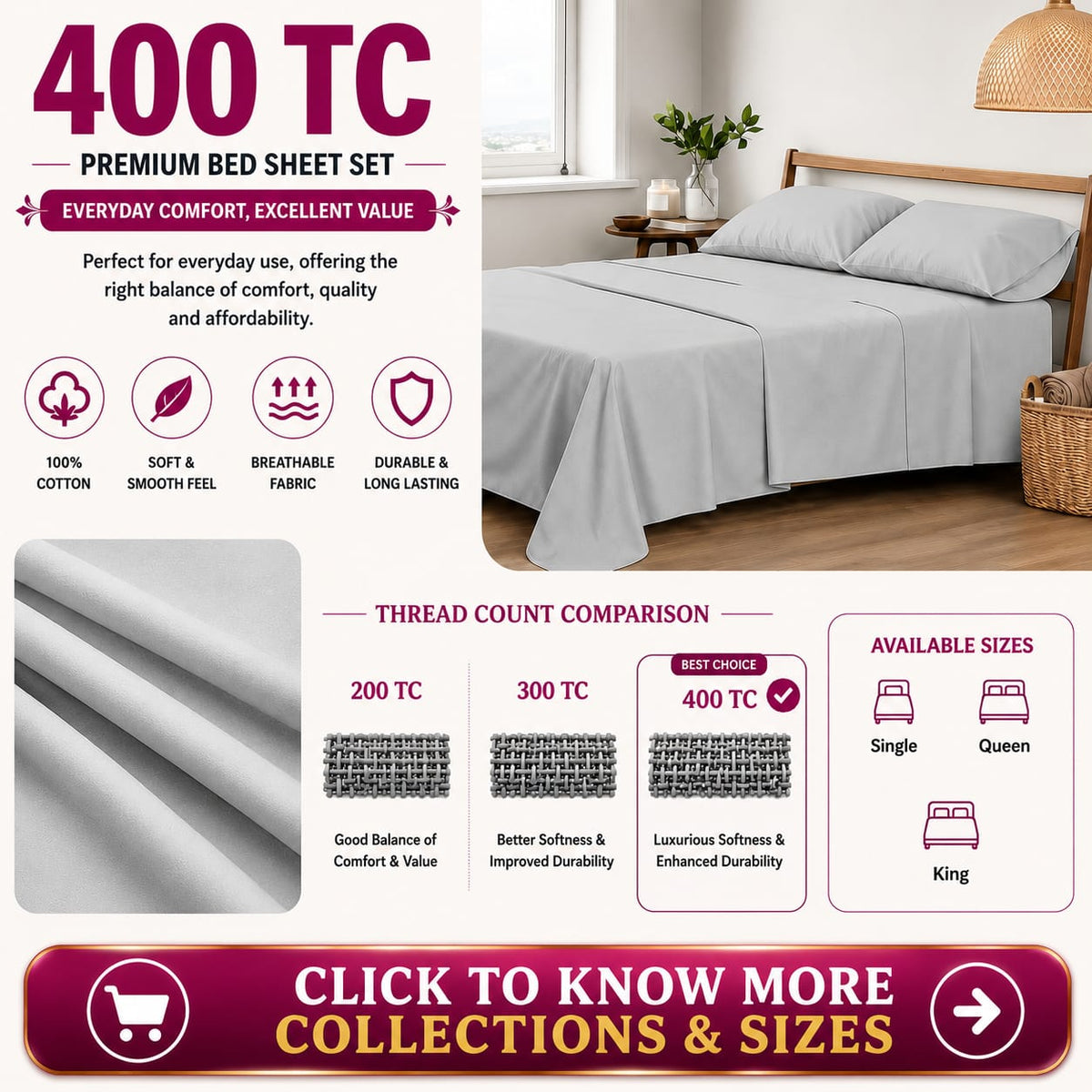 400TC Solid / Plain Flat Bedsheets