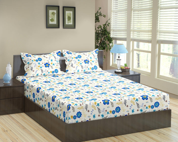 100% Cotton 144TC Printed Fitted Bedsheet with Pillow Covers - Posy - Trance Home Linen