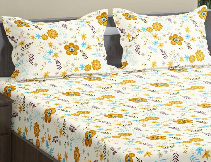 100% Cotton 144TC Printed Fitted Bedsheet with Pillow Covers - Posy - Trance Home Linen