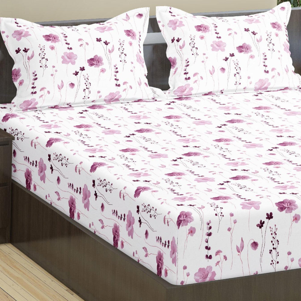 100% Cotton Printed Fitted Bedsheet with Pillow Covers - Daisy Pink - Trance Home Linen