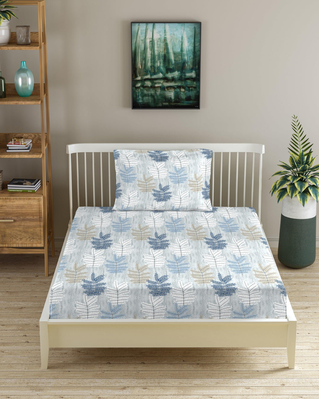 100% Cotton Printed Fitted Bedsheet with Pillow Covers - Ferns - Trance Home Linen