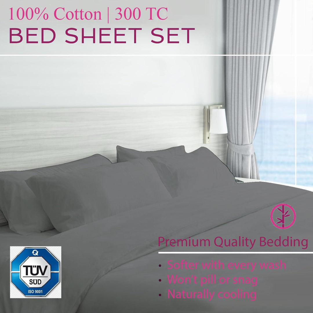 300TC 100% Cotton Plain King Size Fitted Bedsheet with 2 Pillow Covers - Trance Home Linen