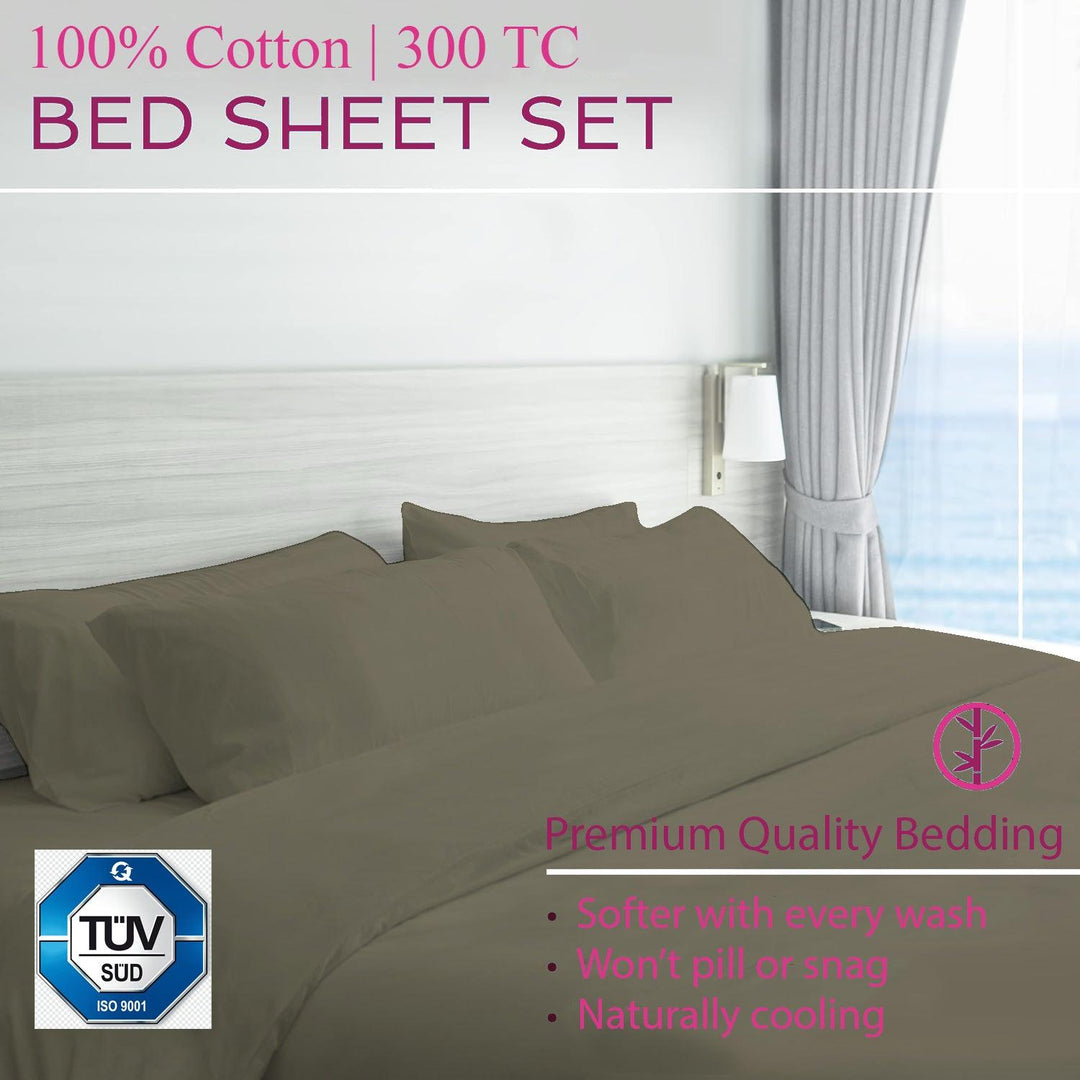 300TC 100% Cotton Plain King Size Fitted Bedsheet with 2 Pillow Covers - Trance Home Linen