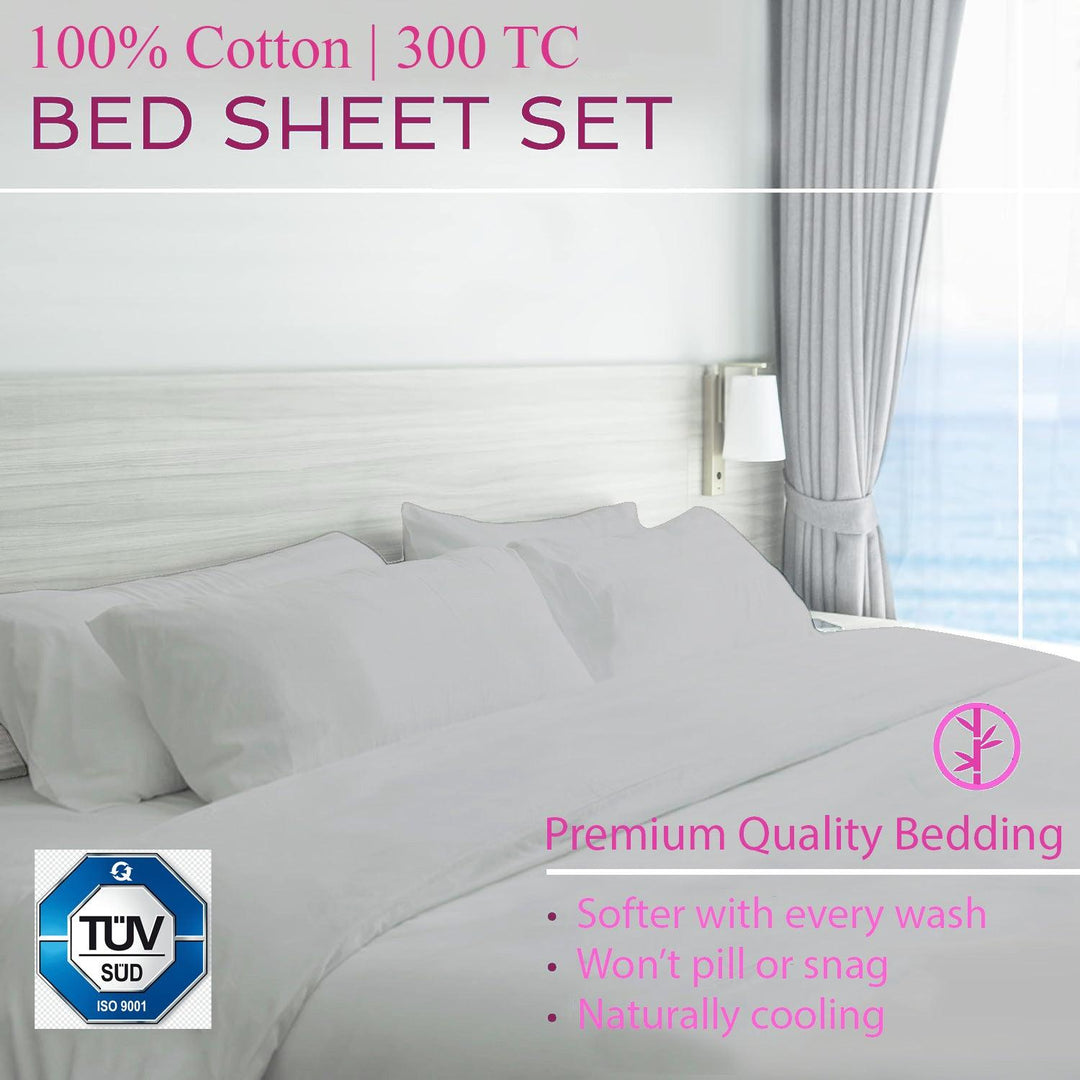 300TC 100% Cotton Plain King Size Fitted Bedsheet with 2 Pillow Covers - Trance Home Linen