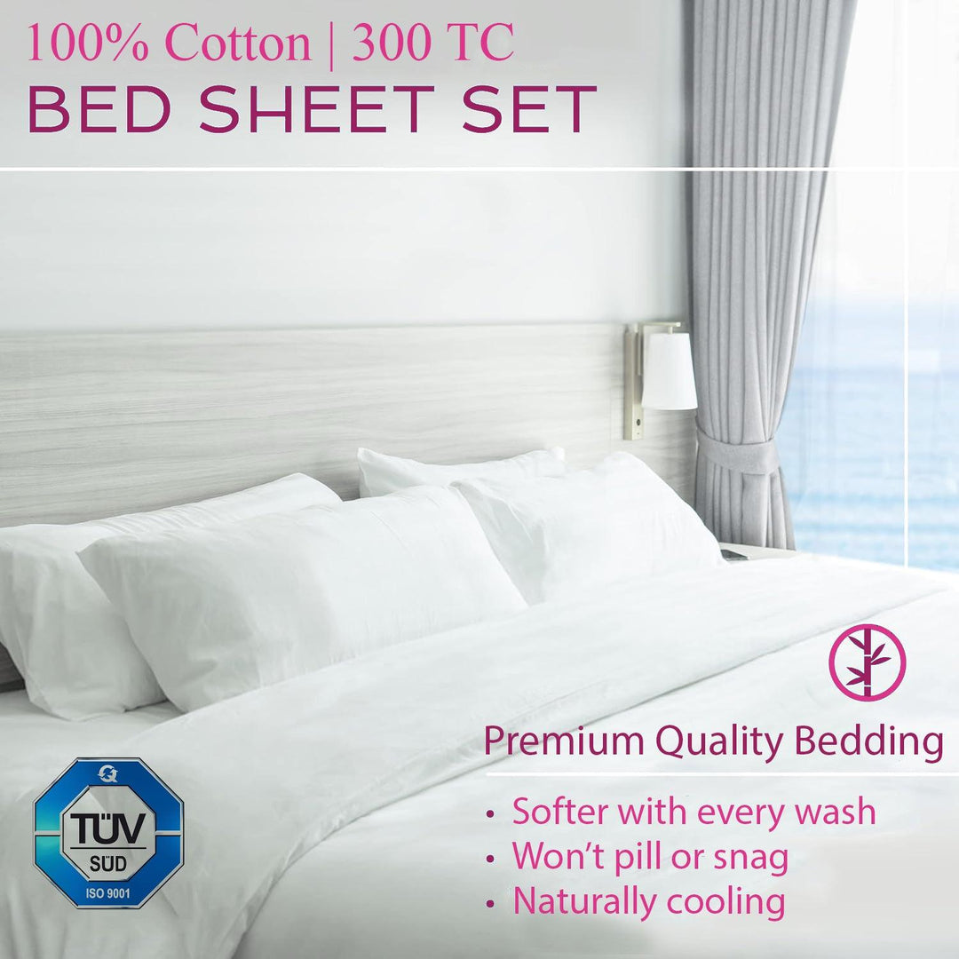 300TC 100% Cotton Plain King Size Fitted Bedsheet with 2 Pillow Covers - Trance Home Linen