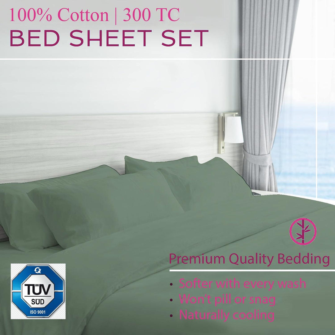 300TC 100% Cotton Plain King Size Fitted Bedsheet with 2 Pillow Covers - Trance Home Linen