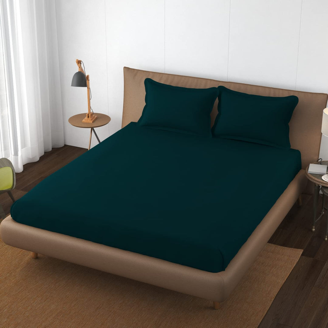 Cotton Plain XL King Fitted Bedsheet with 2 Pillow Covers (400 TC)