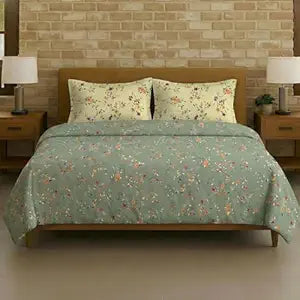 100% Cotton 180 TC  Printed Flat Bedsheet with Pillow Covers  - Lilly Ivory Green