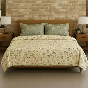 100% Cotton 180 TC  Printed Flat Bedsheet with Pillow Covers  - Lilly Ivory Green