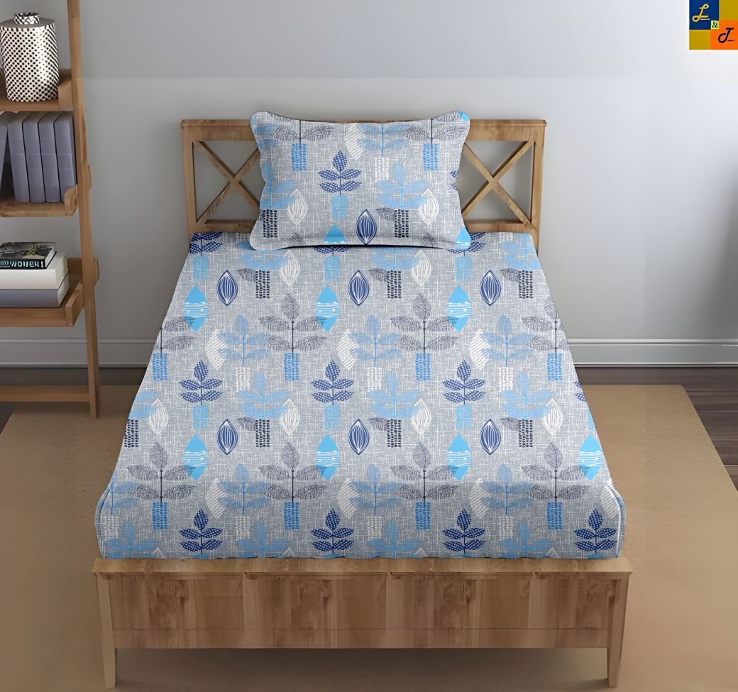 Cotton Printed Fitted Bedsheet with Pillow Covers (Textured Leaves 100% Cotton & 144 TC)