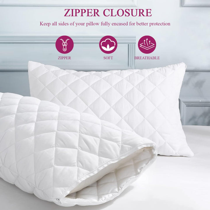 Quilted Pillow Protector Dust Free Water Resistant Covers (Set of 2)
