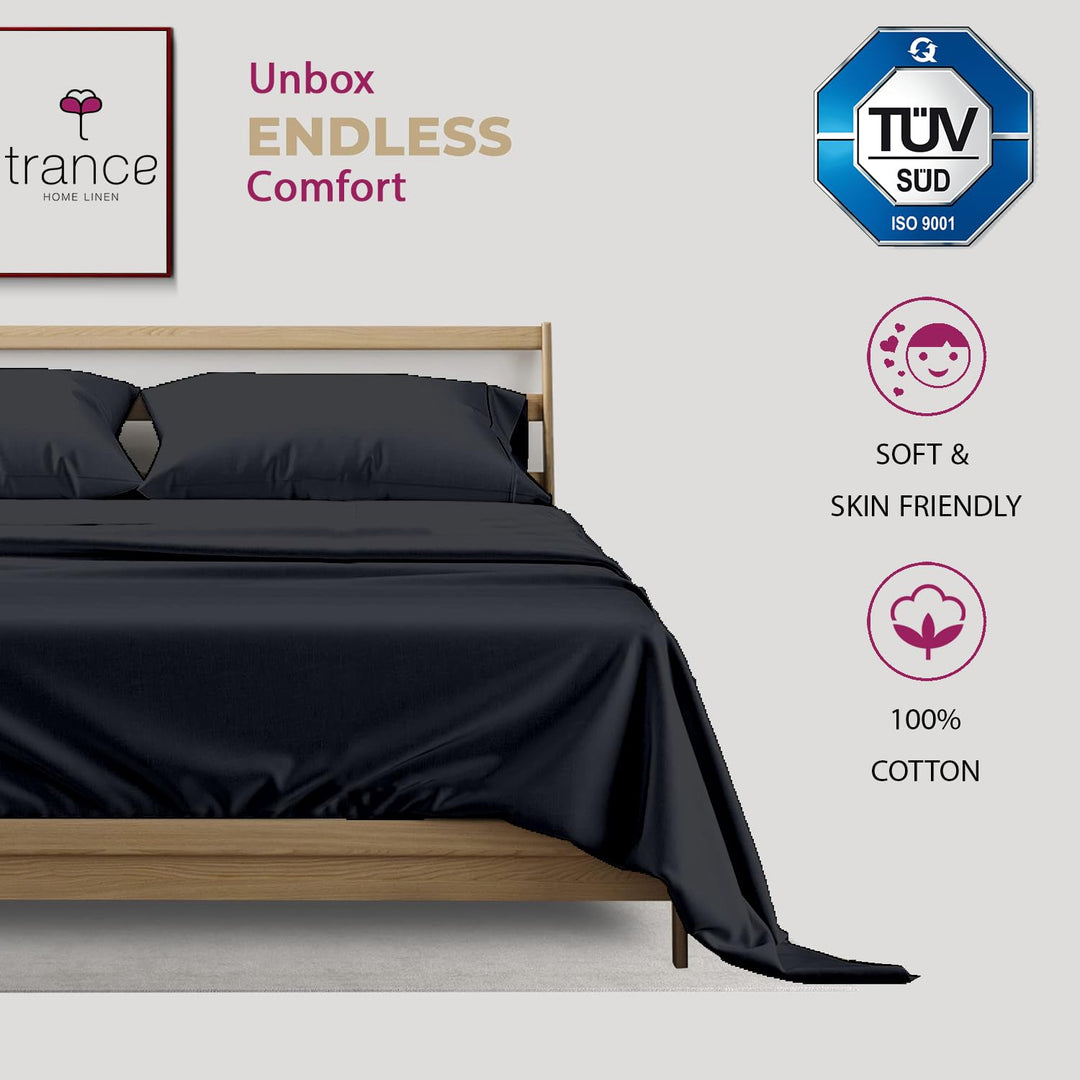 400 TC Cotton Plain Flat Bed Sheet with Pillow Covers - Black