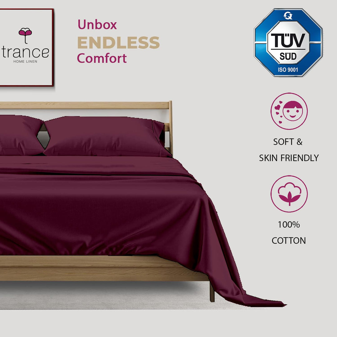 400 TC Cotton Plain Flat Bed Sheet with Pillow Covers - Deep Wine