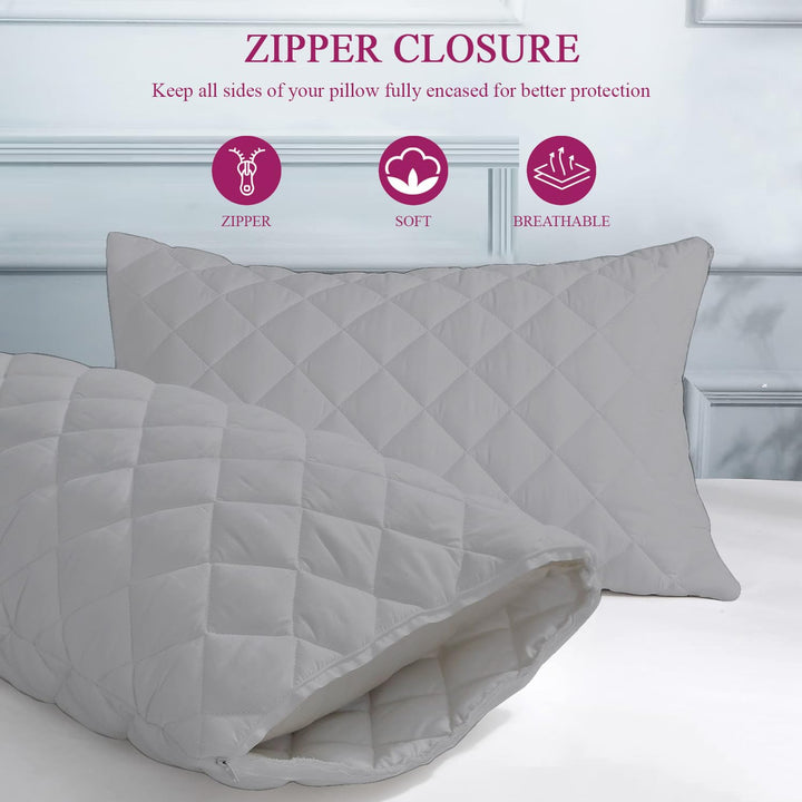 Quilted Pillow Protector Dust Free Water Resistant Covers (Set of 2)