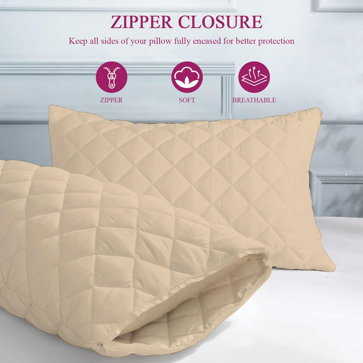 Quilted Pillow Protector Dust Free Water Resistant Covers (Set of 2)