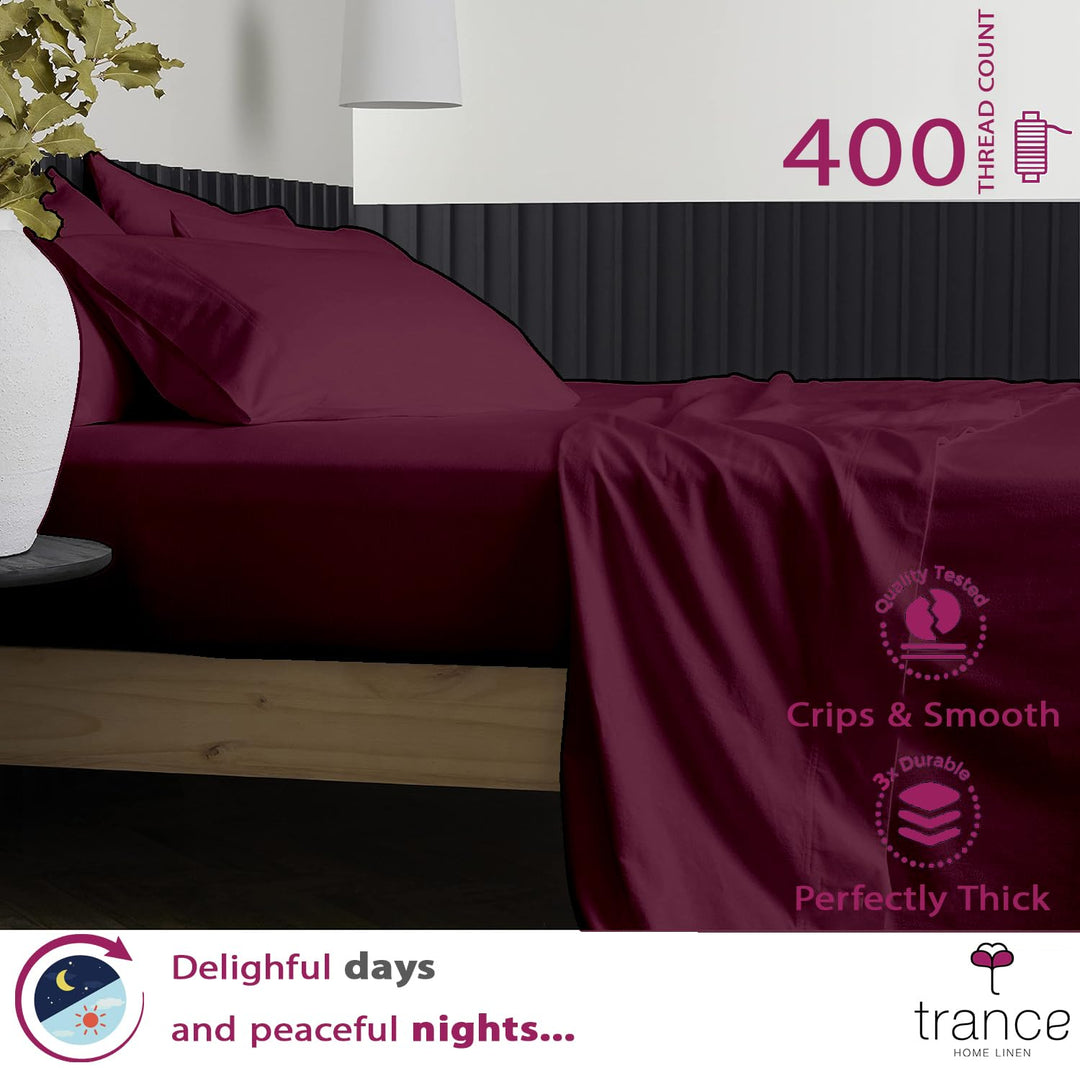 400 TC Cotton Plain Flat Bed Sheet with Pillow Covers - Deep Wine