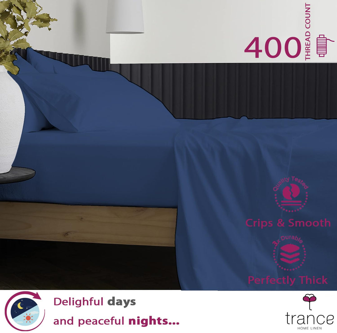 400 TC Cotton Plain Flat Bed Sheet with Pillow Covers - Mediterranean Blue
