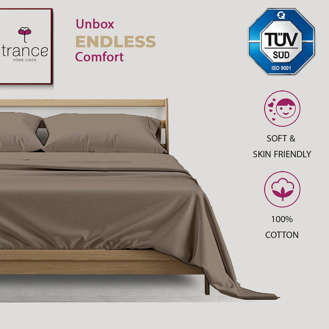 400 TC Cotton Plain Bed Sheet with Pillow Covers - Brown Grey
