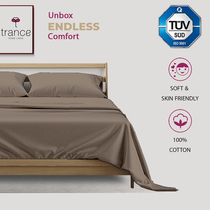 400 TC Cotton Plain Bed Sheet with Pillow Covers - Brown Grey
