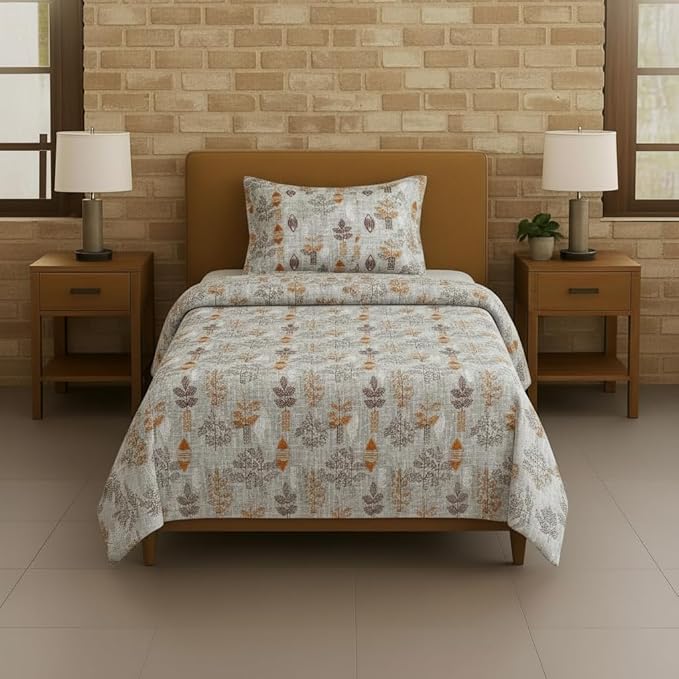 100% Cotton 144 TC  Printed Flat Bedsheet with Pillow Covers  - Textured Leaves