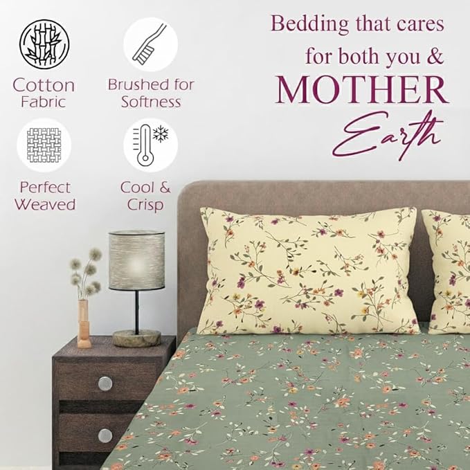 100% Cotton 180 TC  Printed Flat Bedsheet with Pillow Covers  - Lilly Ivory Green