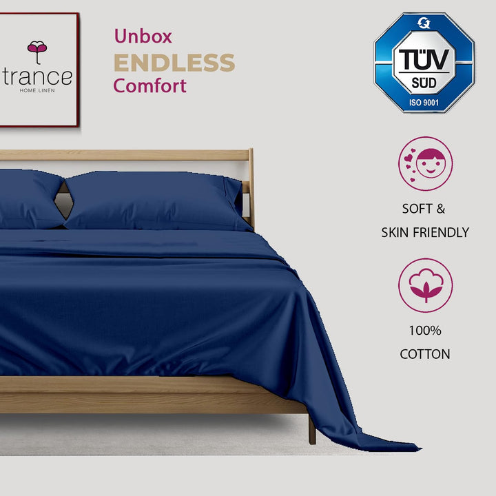 400 TC Cotton Plain Flat Bed Sheet with Pillow Covers - Mediterranean Blue