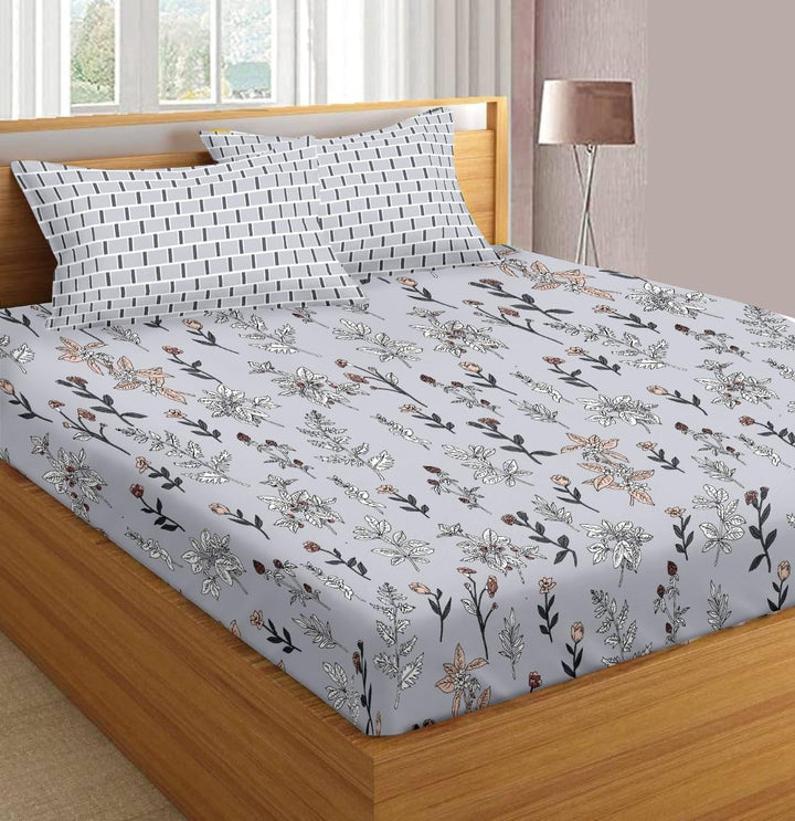 180TC Cotton Printed Fitted Bedsheet with Pillow Covers - Carnations