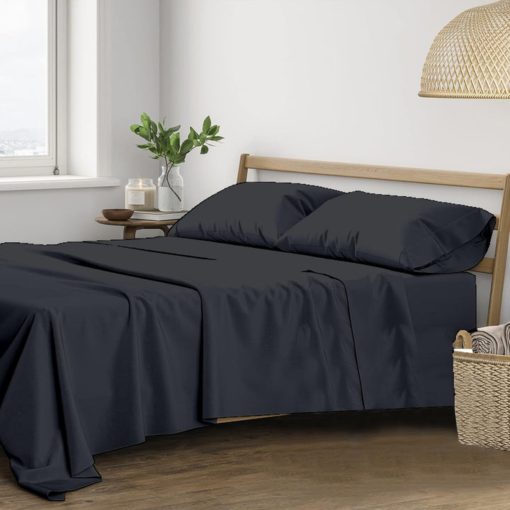 400 TC Cotton Plain Flat Bed Sheet with Pillow Covers - Black