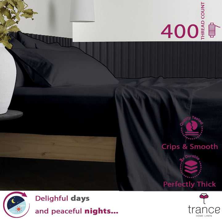 400 TC Cotton Plain Flat Bed Sheet with Pillow Covers - Black