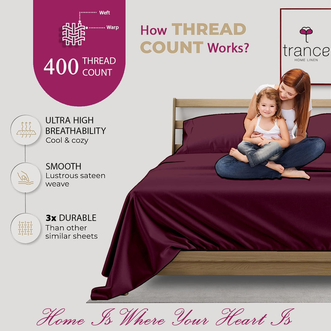 400 TC Cotton Plain Flat Bed Sheet with Pillow Covers - Deep Wine