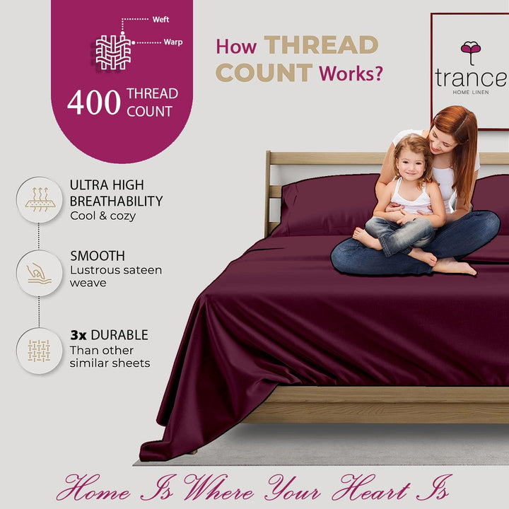 400 TC Cotton Plain Flat Bed Sheet with Pillow Covers - Deep Wine