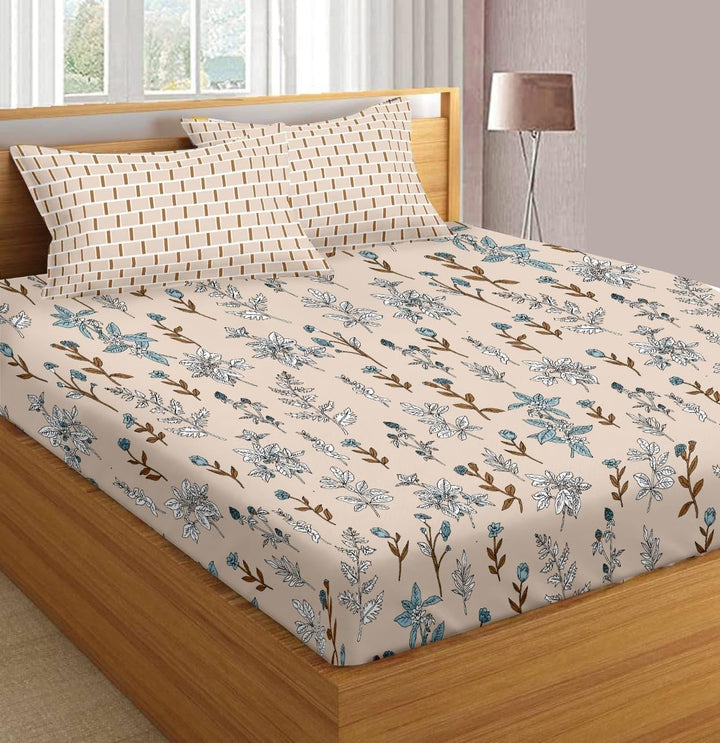 180TC Cotton Printed Fitted Bedsheet with Pillow Covers - Carnations