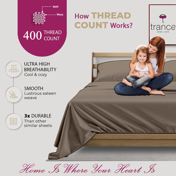 400 TC Cotton Plain Bed Sheet with Pillow Covers - Brown Grey