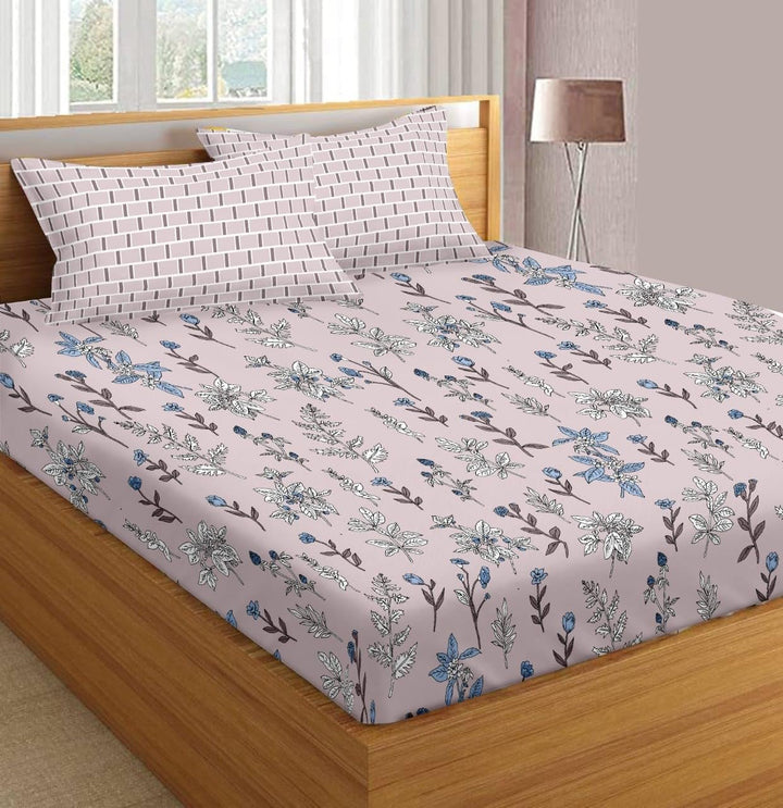 180TC Cotton Printed Fitted Bedsheet with Pillow Covers - Carnations