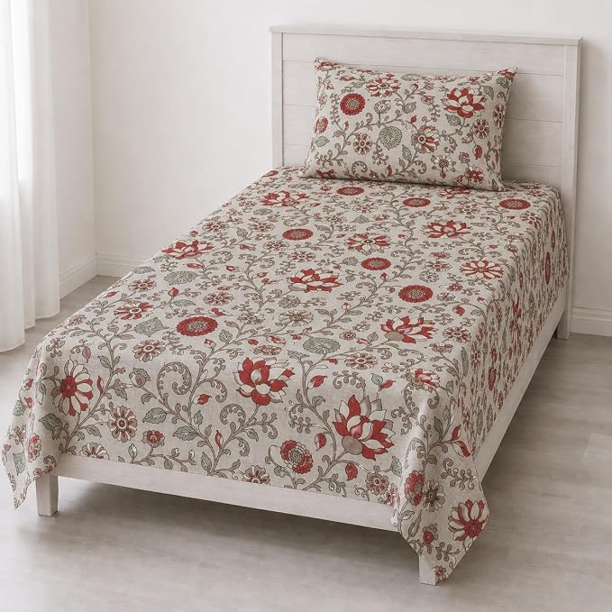 100%-Cotton 144TC-Bedsheet-King Size Printed Flat Bedsheet with 2 Pillow Covers-Kalamkari
