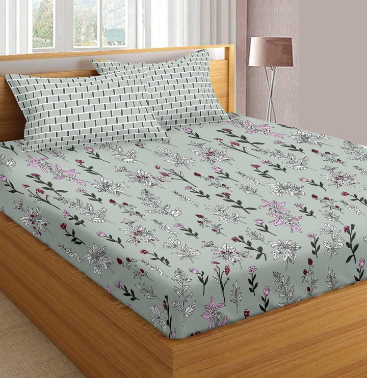 180TC Cotton Printed Fitted Bedsheet with Pillow Covers - Carnations