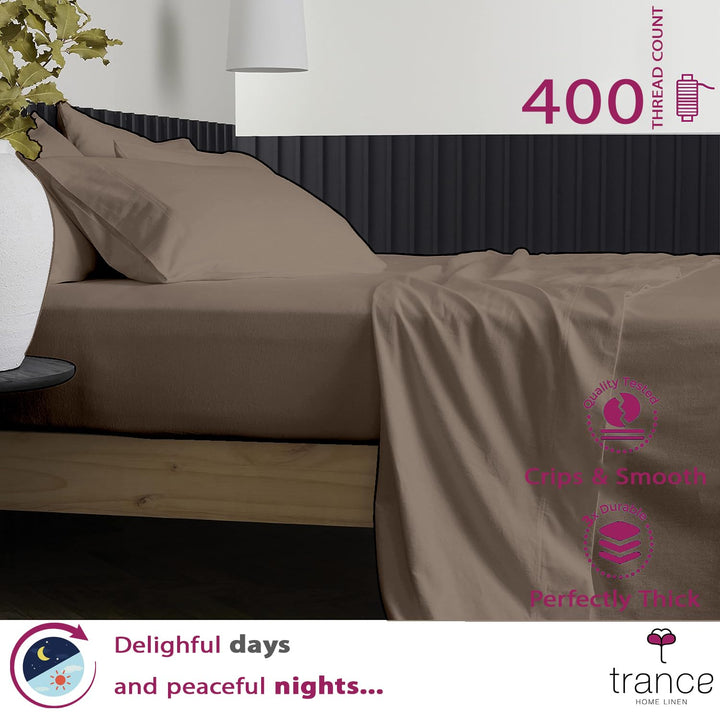 400 TC Cotton Plain Bed Sheet with Pillow Covers - Brown Grey