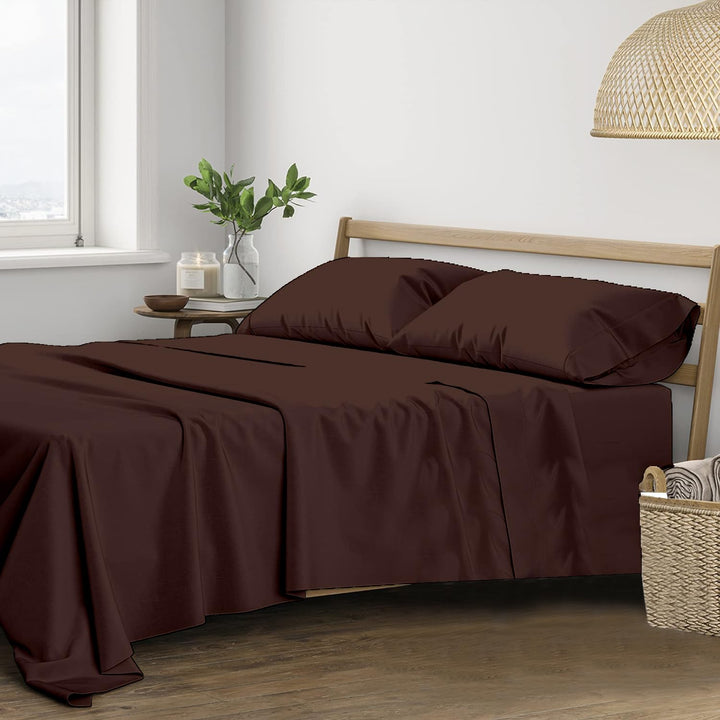 400 TC Cotton Plain Flat Bed Sheet with Pillow Covers - Chocolate Brown
