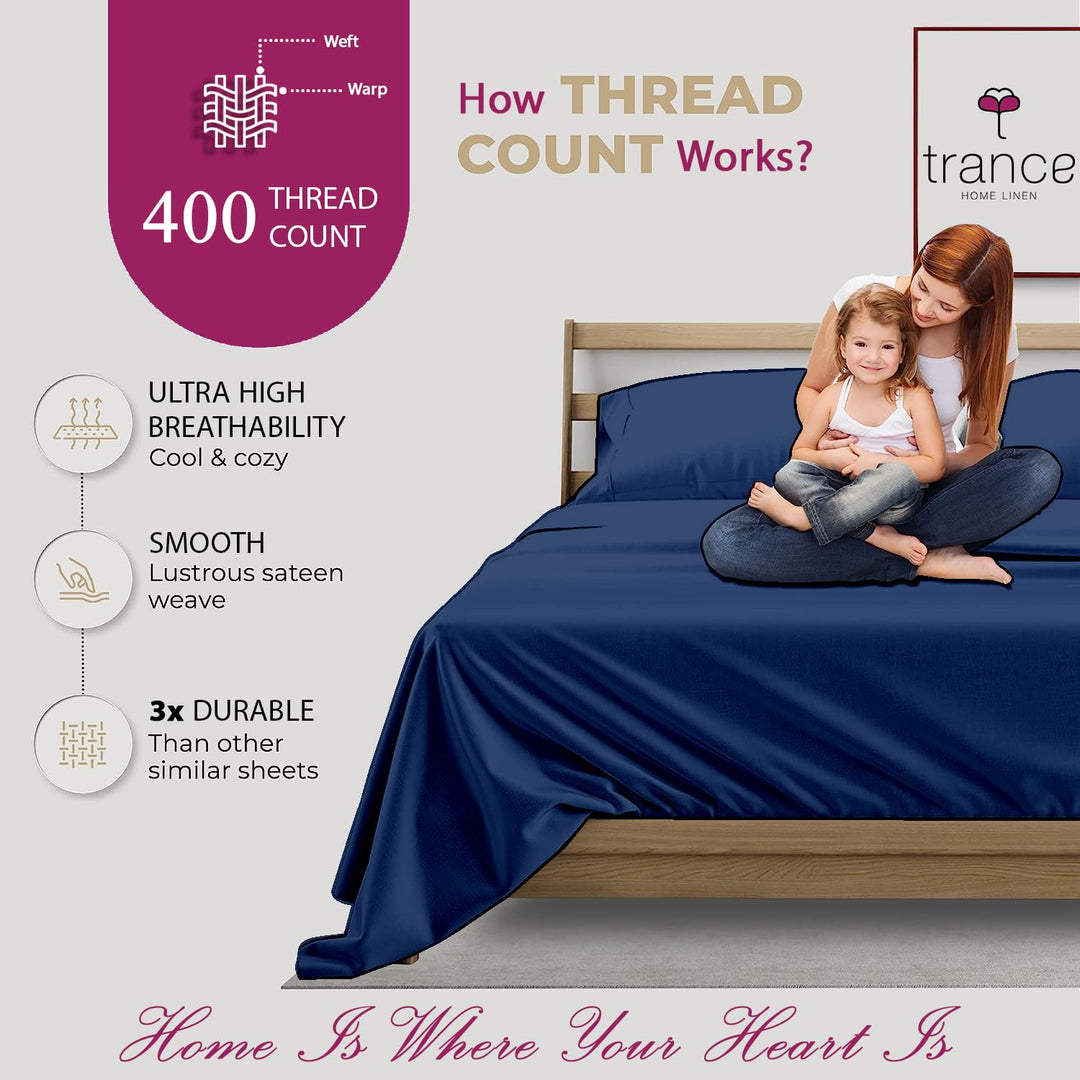 400 TC Cotton Plain Flat Bed Sheet with Pillow Covers - Mediterranean Blue