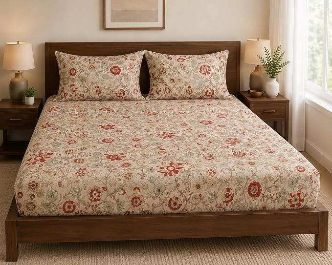 100%-Cotton 144TC-Bedsheet-King Size Printed Flat Bedsheet with 2 Pillow Covers-Kalamkari